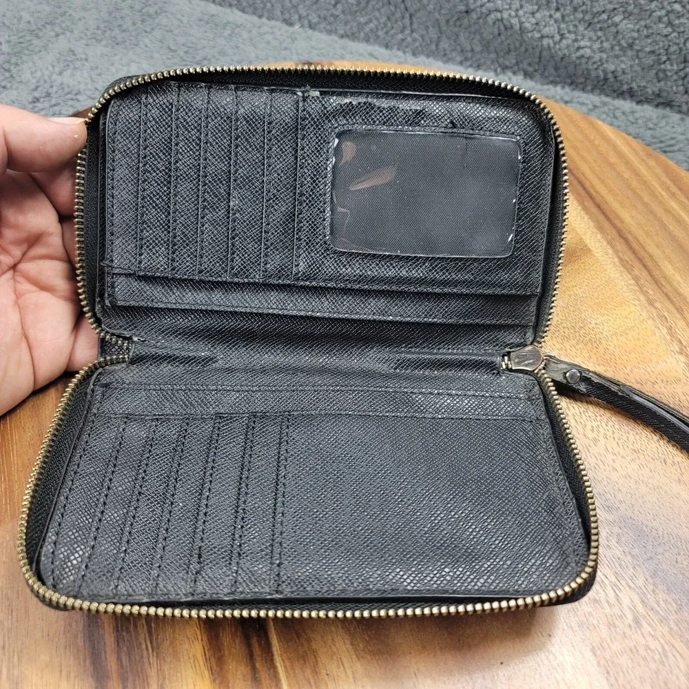 Michael Kors Wristlet Black Leather Double Zip‎ Around Wallet Snap Purse